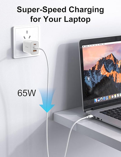 65W USB C Charger Block, 3-Port Foldable Type c Fast Charging for MacBook Air MacBook Pro 14 15 16 17, iPhone 17/16/15/14, Galaxy S25/S24/S23, iPad, AirPods & More (2Packs Without Cable)