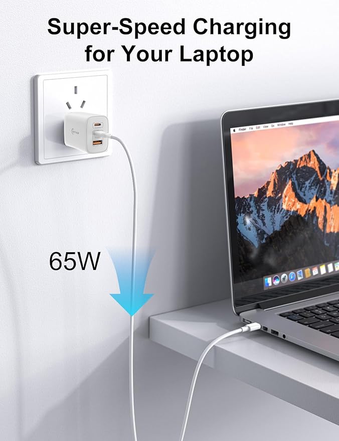 65W USB C Charger Block, 3-Port Foldable Type c Fast Charging for MacBook Air MacBook Pro 14 15 16 17, iPhone 17/16/15/14, Galaxy S25/S24/S23, iPad, AirPods & More(1Pack with Cable)