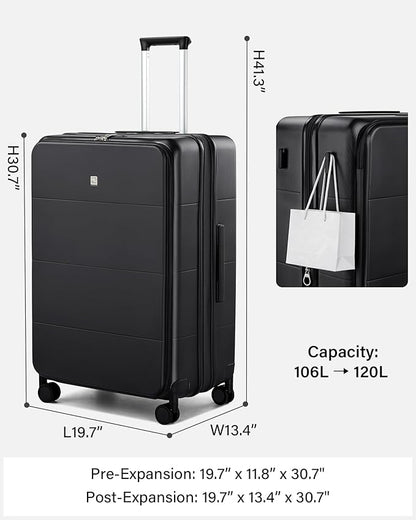 Hanke Hardside Expandable Large Checked Luggage, 28 Inch Top Opening Trunk Luggages with Spinner Wheels, All-PC Hard Shell Suitcase, Lightweight TSA Approved (Jet Black, 120L)