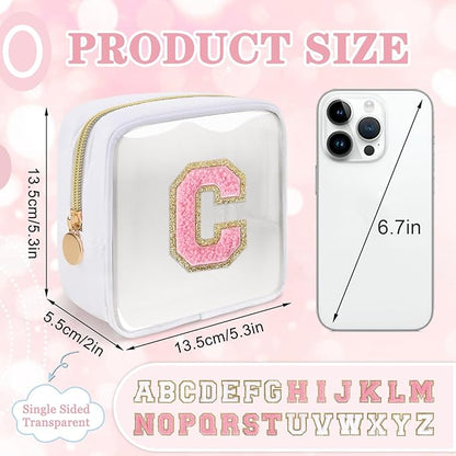 Mini Clear Personalized Initial Makeup Bag,Nylon Preppy A-Z Chenille Letter Patch Zipper Cosmetic Bag, Small Cute Beach Pouch Travel Purse Sanitary Napkin Storage Bag for Women Girls(White-Pink C)