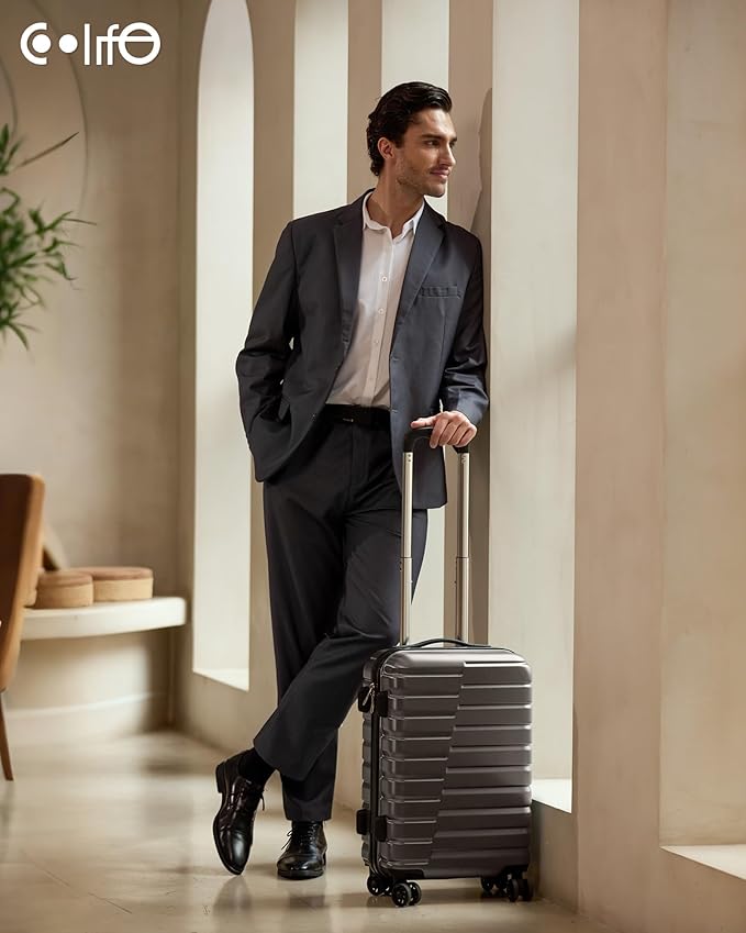 Coolife Carry On Luggage Airline Approved with Wheels Hard Shell Suitcase Spinner TSA Lock Telescopic Handle 20-inch,Gray