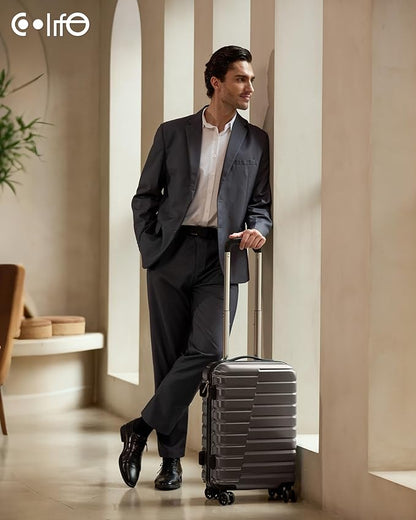 Coolife Carry On Luggage Airline Approved with Wheels Hard Shell Suitcase Spinner TSA Lock Telescopic Handle 20-inch,Gray