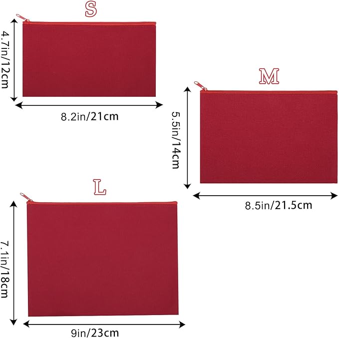 12 Pieces Cotton Canvas Makeup Bag, Multipurpose Cosmetic Bag with Zipper Travel Toiletry Pouch, Blank DIY Craft Bag (Red, M)