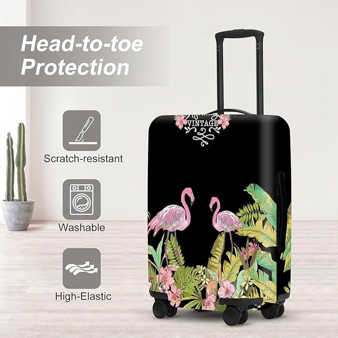 Tropical Flamingo Luggage Cover, Washable Suitcase Protector with Palm Leaves Print Anti-scratch Durable for 28",30"Bag