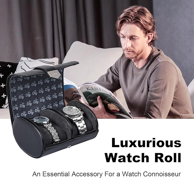 DUKWIN Watch Roll for 2 Watches,Vegan Leather Travel Watch Case Organizer with Removable Pillows for Men and Women,Display Case for Watches Collection and Gift for Anniversary Birthday(Black Storage)