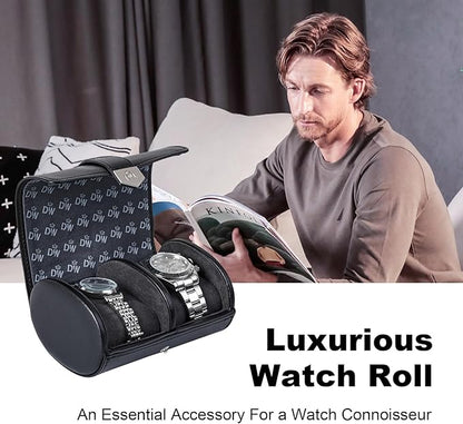 DUKWIN Watch Roll for 2 Watches,Vegan Leather Travel Watch Case Organizer with Removable Pillows for Men and Women,Display Case for Watches Collection and Gift for Anniversary Birthday(Black Storage)
