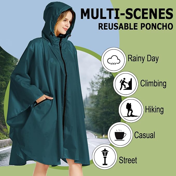 Fashion Hooded Rain Poncho Waterproof Raincoat Jacket with pocket for Women/Men/Adult