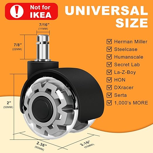Office Chair Wheels, 2 Inch Smooth & Quiet Rolling Casters Replacement, Computer Gaming Chair Casters for All Hardwood Floors & Carpet, Smooth Safe Rubber Wheels-Set of 5, Grey
