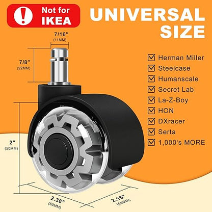Office Chair Wheels, 2 Inch Smooth & Quiet Rolling Casters Replacement, Computer Gaming Chair Casters for All Hardwood Floors & Carpet, Smooth Safe Rubber Wheels-Set of 5, Grey