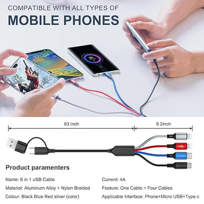 6 in 1 Multi Charging Cable 2Pack - 6FT USB Cable 3A Charger Cable Braided Universal USB A/C Charging Cord With 2*IP/Type C/Micro USB Port for Cell Phone/Tablets