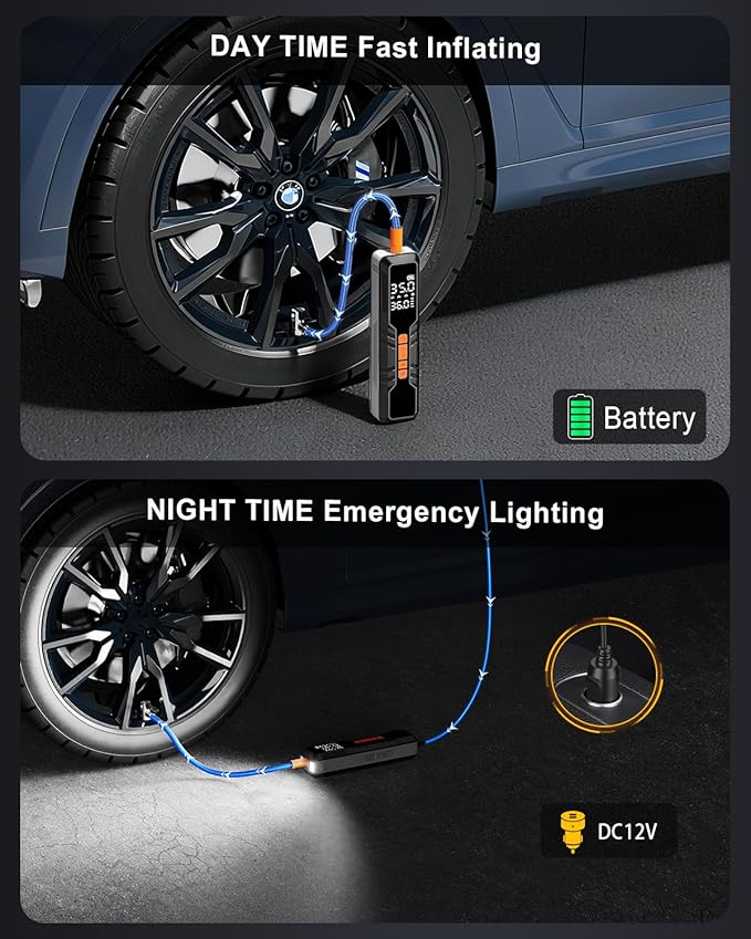 Tire Inflator Portable Air Compressor - 150PSI Cordless Air Pump for Car Tires, Portable Tire Inflator for Car, DC 12V Air Compressor with Pressure Gauge/LED Light for Auto/Bike/Motorcycle/Ball