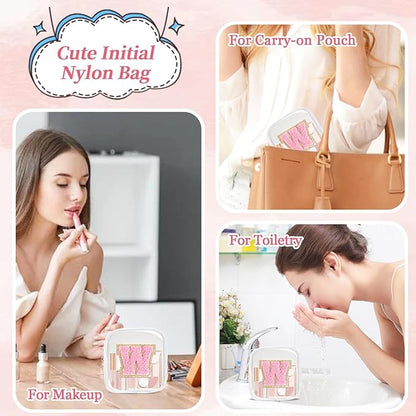 Iqimott Mini Clear Personalized Initial Makeup Bag, Small Preppy A-Z Chenille Letter Patch Cosmetic Pouch, Transparent PVC & Nylon Waterproof Zip Beach Toiletry Bag,Gift for Women Girls(White-Pink W)