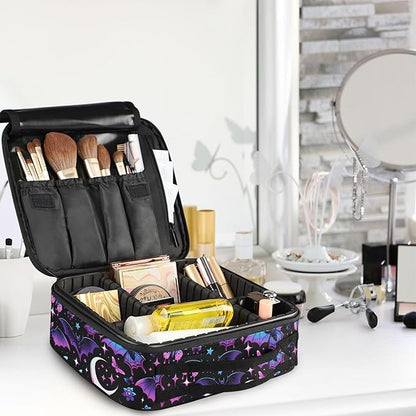 MNSRUU Travel Makeup Bag, Neon Purple and Bats Stars and Moons Women Makeup Case Organizer Cosmetic Toiletry Bag for Teenage Girl with Adjustable Dividers