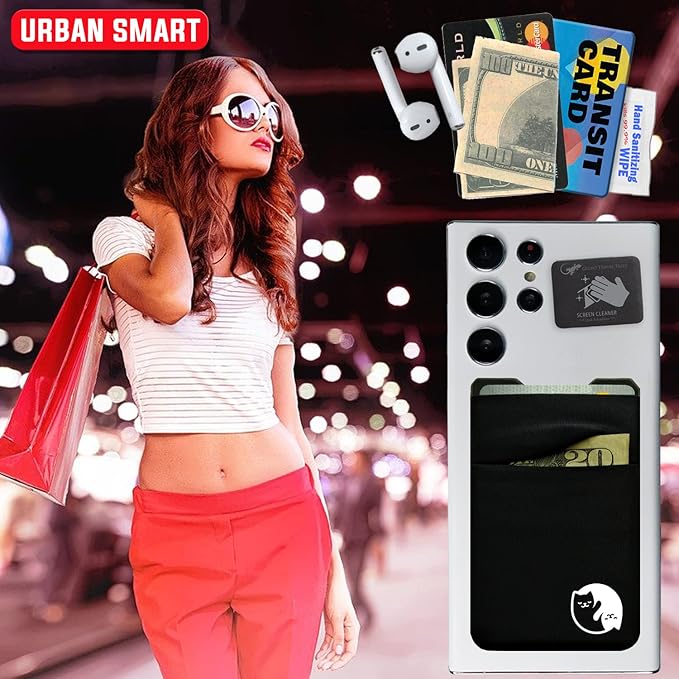 Gecko Travel Tech Double Pocket - Adhesive Card Holder - Cell Phone Pouch - Stick on Spandex Pocket - Carry Credit Cards and Cash - YIN YANG CAT