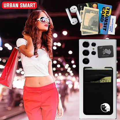 Gecko Travel Tech Double Pocket - Adhesive Card Holder - Cell Phone Pouch - Stick on Spandex Pocket - Carry Credit Cards and Cash - YIN YANG CAT