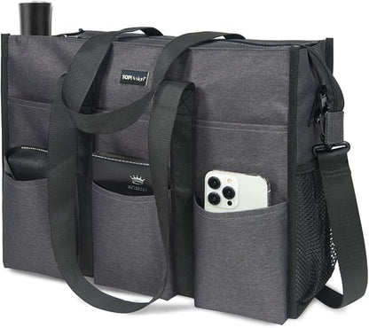 TOPDesign Utility Water Resistant Tote Bag with 22 Pockets, Top Zipper Closure & Thick Bottom Support, for Working Women