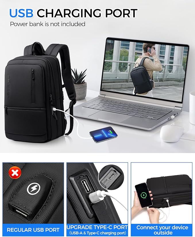 Work Backpack for Men, Expandable Backpack with USB C Charging Port, Water Resistant 15.6 Inch Laptop Backpack, Black