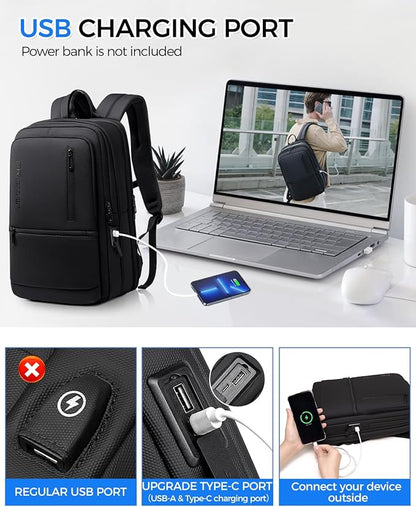 Work Backpack for Men, Expandable Backpack with USB C Charging Port, Water Resistant 15.6 Inch Laptop Backpack, Black