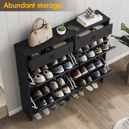 Shoe Cabinet with 4 Flip Drawers & 2 Drawers,Farmhouse Shoe Storage Cabinet for Entryway,Slim Freestanding Organizer Rack for Front Door Entrance,Black