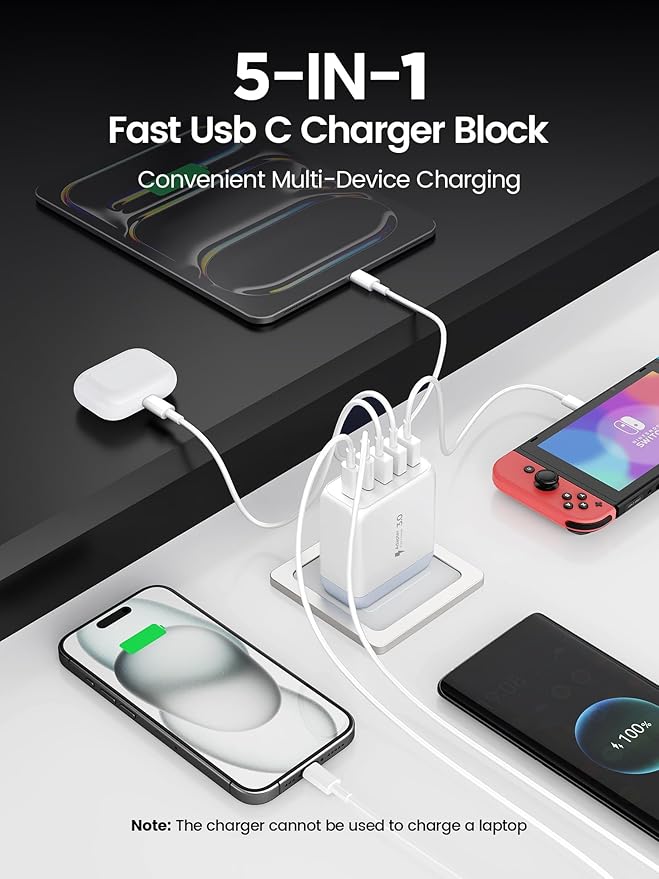 USB C Charger Block,50W 5-Port Fast Wall Charger,Dual Type-C & USB-A Multiport Charging Cube for iPhone 17/16/15/14/13 Pro Max,iPad,Samsung Galaxy–2 Pack,White