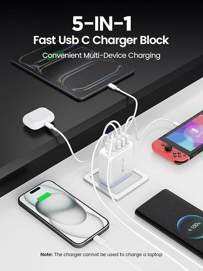 USB C Charger Block,50W 5-Port Fast Wall Charger,Dual Type-C & USB-A Multiport Charging Cube for iPhone 17/16/15/14/13 Pro Max,iPad,Samsung Galaxy–2 Pack,White