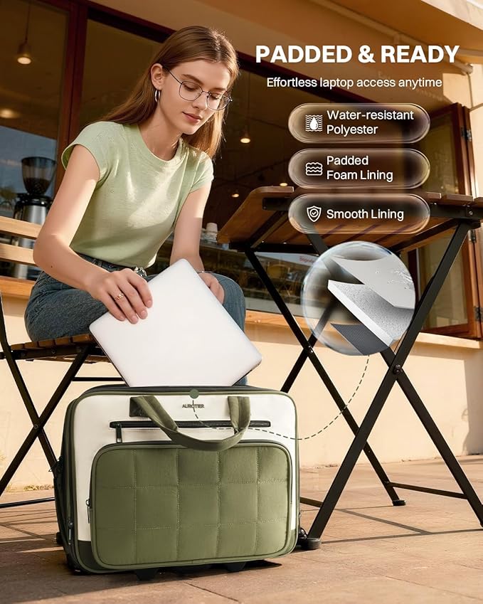 Rolling Puffer Laptop Bag, Rolling Briefcase for Women, Wheeled 16 Inch Computer Bag, Water Resistant Stylish Overnight Underseat Carry On Luggage with Wheels for Work Travel Business, Green