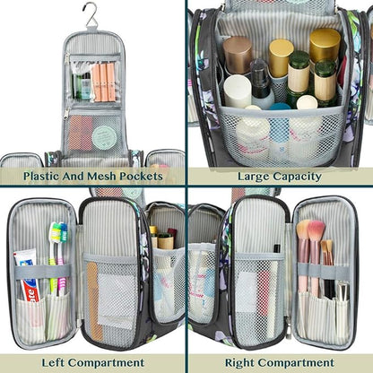 PAVILIA Toiletry Bag Travel Bag for Women Men, Hanging Cosmetic Organizer, Water Resistant Makeup Bag for Accessories Toiletries, Large Travel Essentials Kit (Floral Grey)