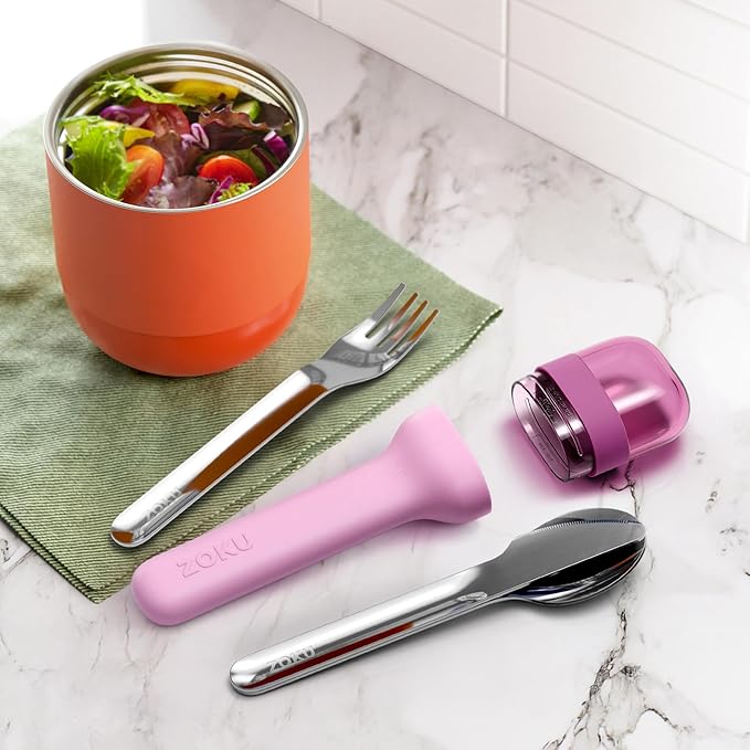 ZOKU Pocket Utensil Set, Purple - Stainless Steel Fork, Knife, and Spoon Nest in Case - Portable Design for Travel, School, Work, Picnics, Camping and Outdoor Home Use