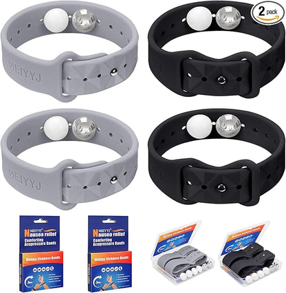 Motion Sickness Bands for Adults and Kids Sea Wristbands for Cruise Travel Wristband, Natural Relief Wristbands，Sea Bands for Pregnancy Women (1Pair Black+1Pair Gray)