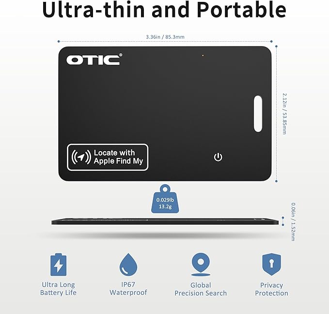 OTIC Wallet Tracker Card, Ultra-Thin 1.7MM Rechargeable Finder, Up to 10-Month Use, Works with Apple Find My (iOS), Locator for Wallet, Luggage, Passport, IP67 Waterproof, 1 Pack