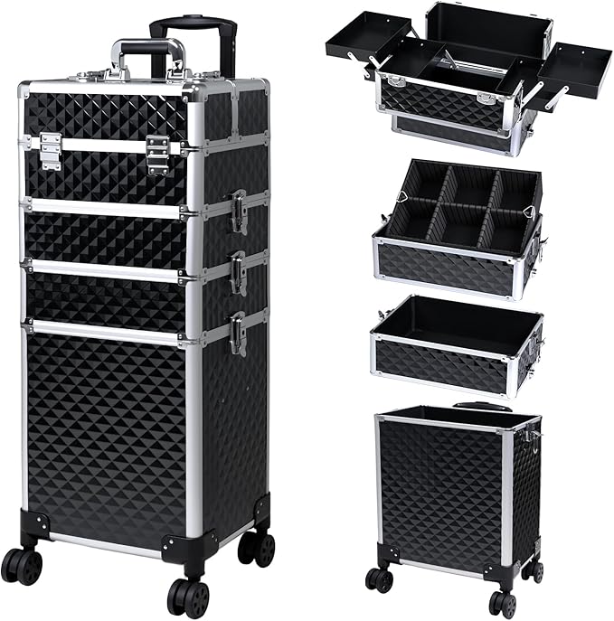 Professional Rolling Makeup Case, Cosmetology Case on Wheels 4 in 1 Large Cosmetic Train Case, Ideal Gift for Hairstylist, Nail Techs, Portable Beauty Organizer for Travel or Salon Use
