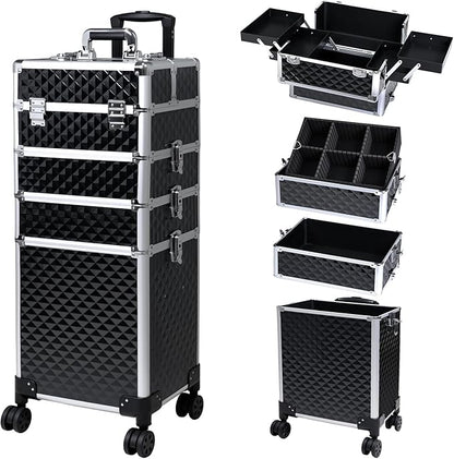 Professional Rolling Makeup Case, Cosmetology Case on Wheels 4 in 1 Large Cosmetic Train Case, Ideal Gift for Hairstylist, Nail Techs, Portable Beauty Organizer for Travel or Salon Use