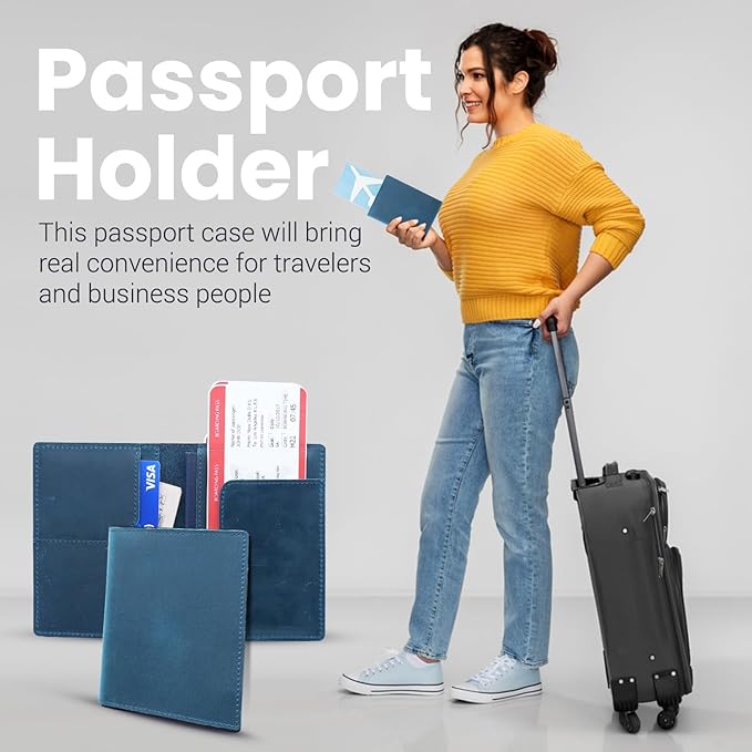 Leather Passport Holder with Travel Wallet, Genuine Leather Passport Cover- Passport Wallet, Leather Folding Wallet for Passports (Straight Cut, Blue)