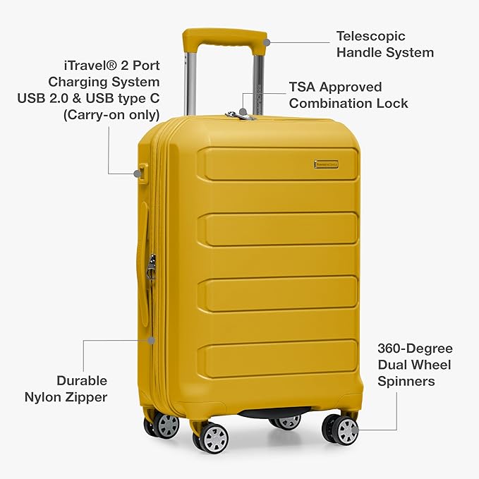 Traveler's Choice Pagosa Indestructible Hardshell Expandable Spinner Luggage, Yellow, 22-Inch Carry-on