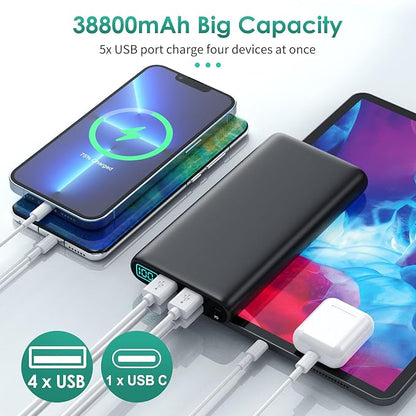 Portable Charger 38800mAh Power Bank with 5 Outputs & 2 Inputs,PD USB C In&Out Fast Phone Charging External Battery Pack Backup,Travel Essential Outdoor for iPhone 17/16/15,Android Samsung Galaxy etc