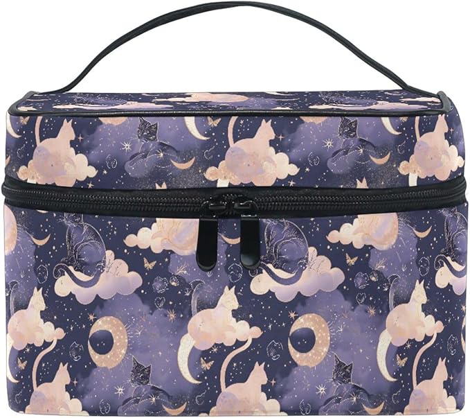 MNSRUU Makeup Bags, Cat Moon Makeup Organizer Bags Toiletry Bag Box Travel Cosmetic Bag Make Up Train Case for Women Teen Girl Ladies
