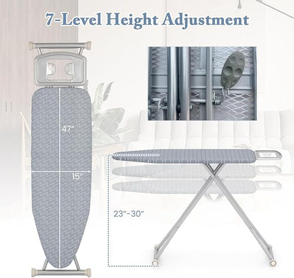 COSTWAY Ironing Board Full Size, 55” x 15” Foldable Iron Stand with Iron Rest, 7 Adjustable Heights & Removable Cover, Heavy-Duty Steel Frame, Portable Ironing Table for Small Place Home Laundry Room