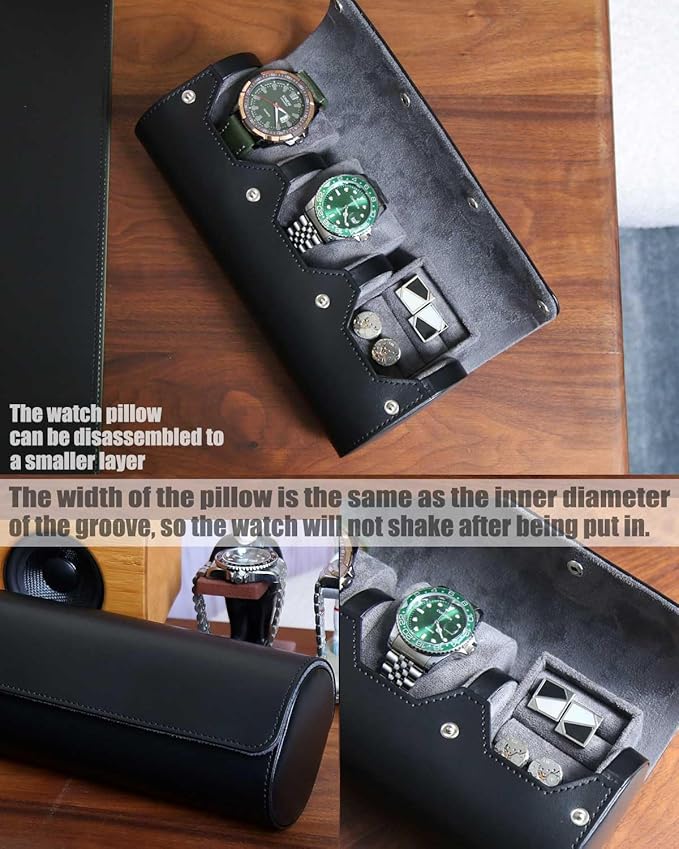 Watch and Cufflink Organizer for Men - Portable 2 Slot Display Storage Box With Velvet Holder for Large Watches, Rings - Travel Roll Case