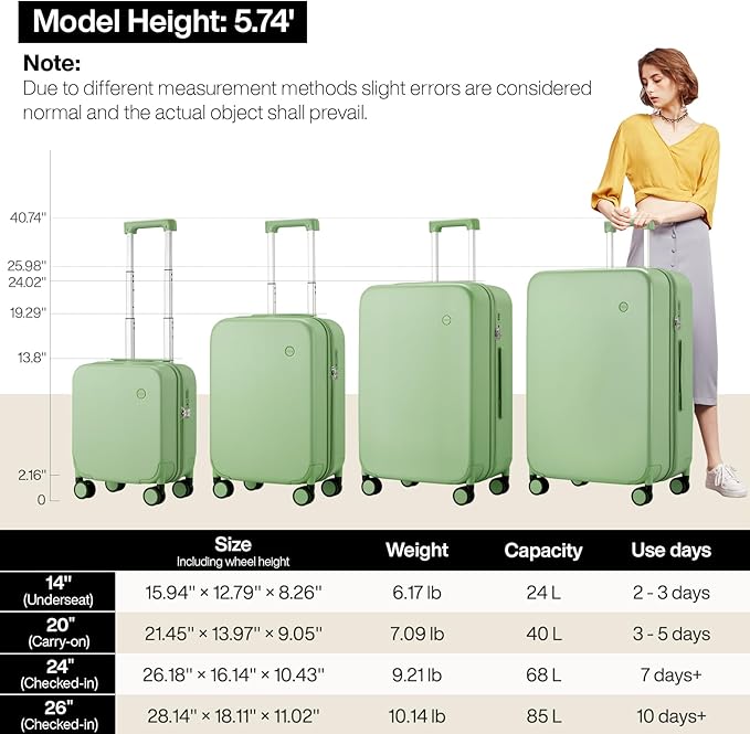 mixi Upgrade Luggage Suitcases with Spinner Wheels, Hardside Rolling Suitcase PC with TSA Lock Travel Case 24in Checked in, Fine Grid Avocado Green
