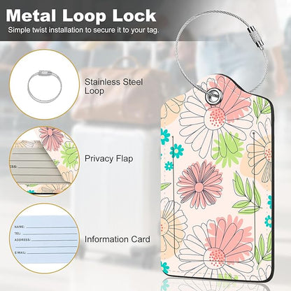 2Pack Luggage Tags for Suitcases, Cute Unique Pu Leather Cruise Luggage Tag with Privacy Cover ID Label Address Card and Metal Ring Suitable for Women Men Kids Travel Bag Pink Line Flower