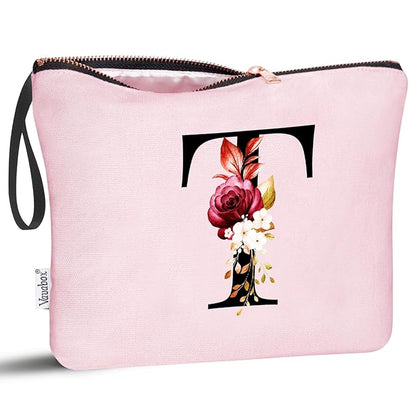 Vavabox A-Z Personalized Makeup Bag, Birthday Gifts for Women Mom, Gifts for Best Friend, Bride Bridesmaid Cosmetic bag (T, Pink)