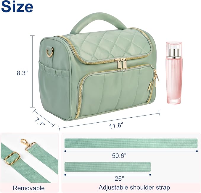 Travel Toiletry Bag Large Cosmetic Makeup Bag Organizer for Women,Wide-open Make Up Bag Waterproof Makeup Case Travel Bag with Handle and Dividers for Toiletries,Essentials,Accessories,Green