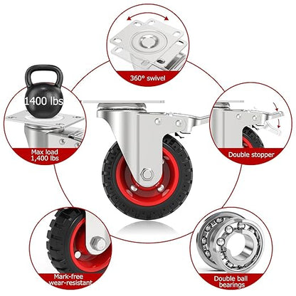 5" Swivel Caster Wheels with Safety Dual Locking and Rubber Tire Wheels, Heavy Duty - 350 Lbs Per Caster for Workbench, Cart, Trolley, Dolly, Cabinet, Compact Rubber Castor Wheels, 4-Packs