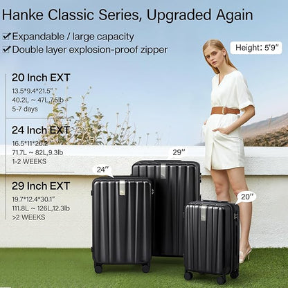 Hanke Expandable Hardshell Luggage Sets 3 piece Carry on Luggage with Wheels Suitcases Lightweight Checked Travel Luggage Rolling Large Suitcase Travel Luggage Bag Woman Men 20/24/29 Inch(Jet Black)