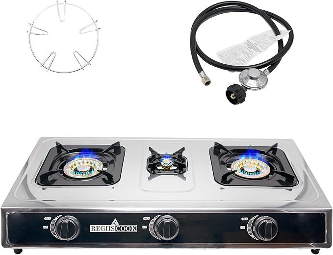 3 Burners Propane Gas Cooktop,Camping Portable LPG Gas Stove, Auto Ignition Stainless Steel Countertop with regulator and burner grate