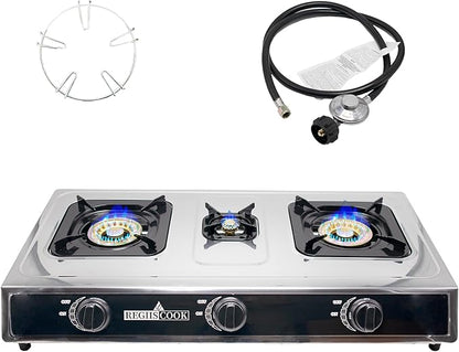 3 Burners Propane Gas Cooktop,Camping Portable LPG Gas Stove, Auto Ignition Stainless Steel Countertop with regulator and burner grate