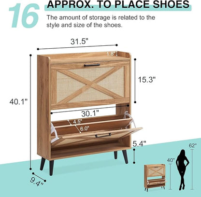 Shoe Storage Cabinet, Boho Shoe Organizer with 2 Flip Drawers & Rattan Design,Farmhouse Freestanding Hidden Slim Narrow Shoe Rack Cabinet for Entryway, Foyer,Hallway, Natural