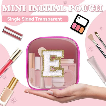 Mini Clear Personalized Initial Makeup Bag,Nylon Preppy A-Z Chenille Letter Patch Zipper Cosmetic Bag, Small Cute Beach Pouch Travel Purse Sanitary Napkin Storage Bag for Women Girls(Hot Pink-White E)