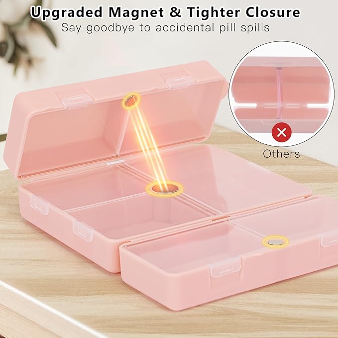 FYY 2 Pcs Daily Pill Organizer, 7 Compartments Portable Pill Case Travel Pill Organizer,[Folding Design] Pill Box for Purse Pocket to Hold Vitamins,Cod Liver Oil,Supplements and Medication-Navy+Pink
