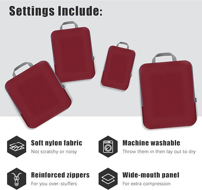 4 Set Compression Packing Cubes Travel - Travel Accessories Expandable Packing Organizers for Carry On - Essentials Luggage Bags - Burgundy